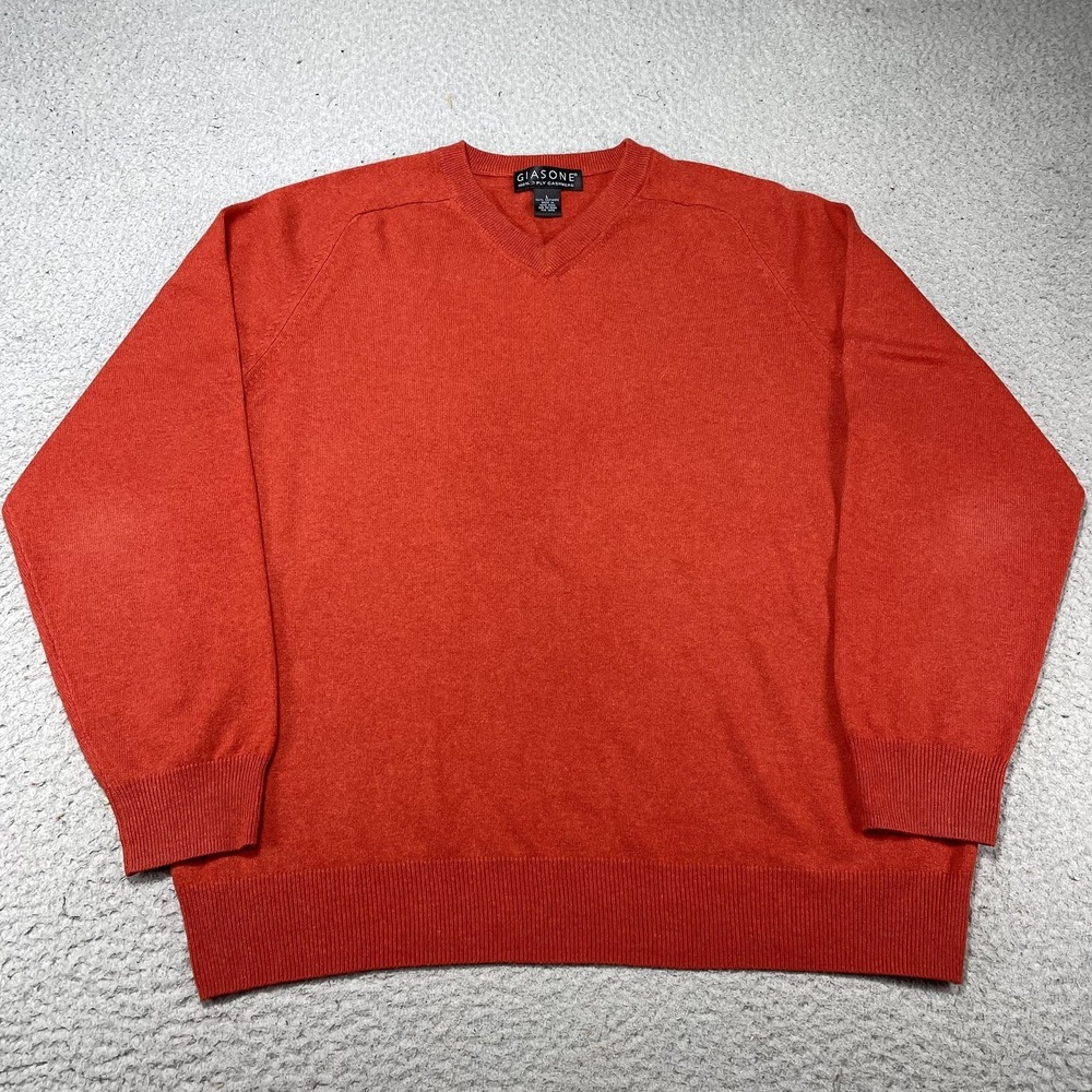 Giasone Sweater Mens Large Orange 100% Cashmere V Neck Knit Pullover Soft